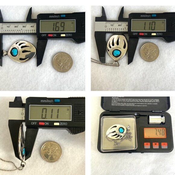 VTG Sterling Silver 925 Southwest Bear Pawn Shadowbox Turquoise Pendant Necklace - Picture 10 of 16